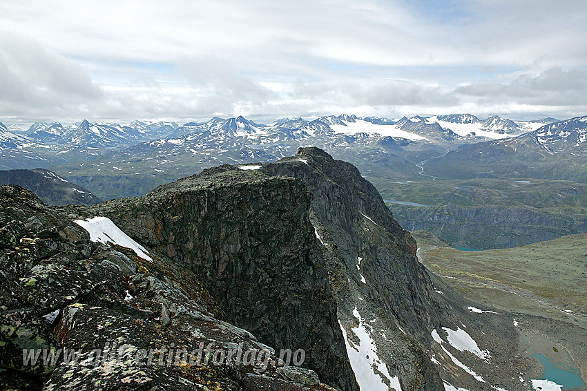 Like nord for Midtre Skarvflytinden med utsikt nordover til de nordligste Skarvflytindane. I bakgrunnen sentrale deler av Jotunheimen, bl.a. med Hellstugu- og Memurutinder.