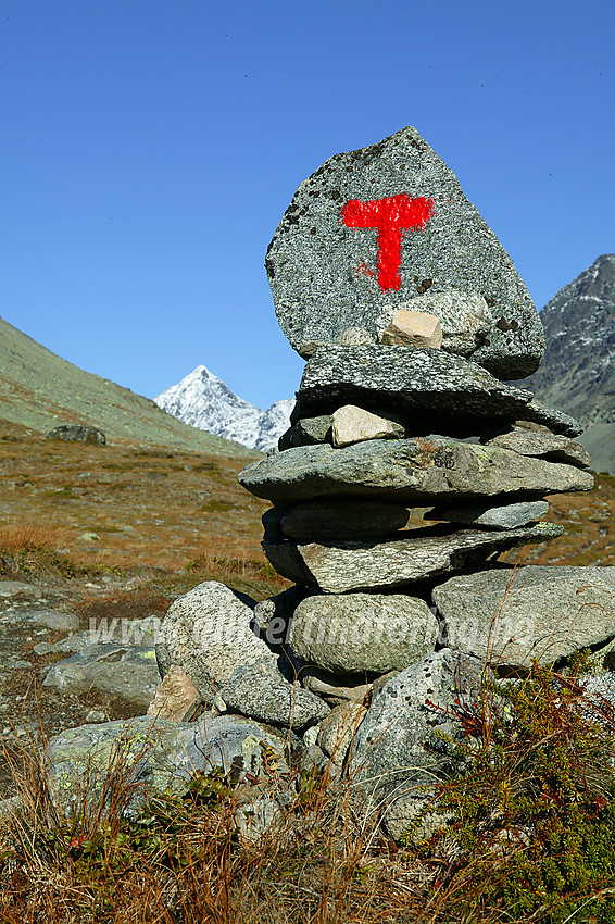 Varde langs stien gjennom Torfinnsdalen. I bakgrunnen ses Store Knutsholstinden (2341 moh).