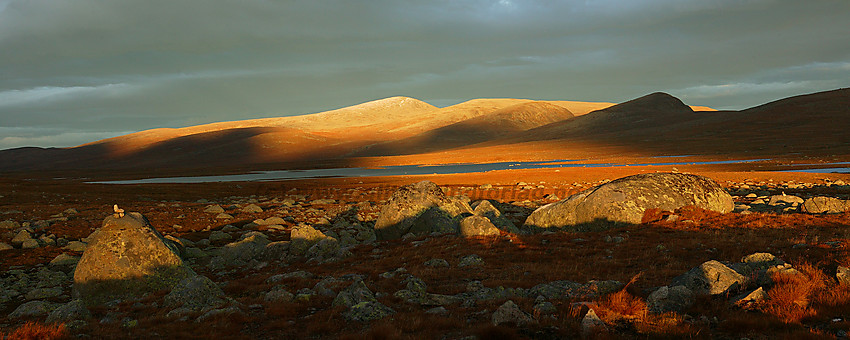 Høstkveld på Valdresflye med utsikt i østlig retning mot Fisketjerni og Gråhøe (1779 moh).