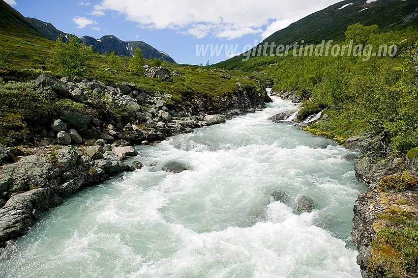 Like ved Memurubu på broa over Muru med utsikt oppover Memurudalen.