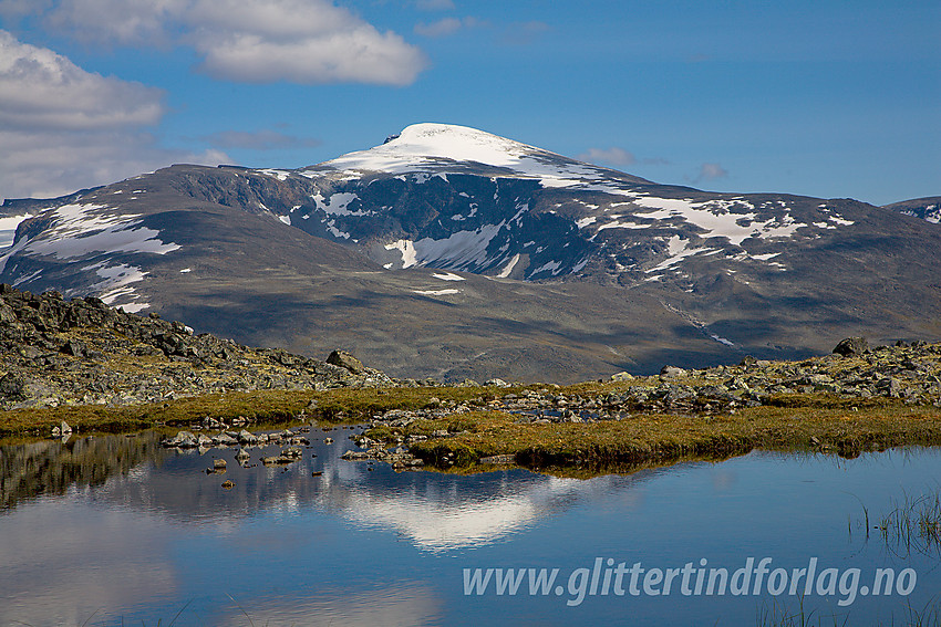 Ikke langt fra ruta mellom Juvasshytta og Raubergstulen ved noen småvann. Glittertinden speiler seg i vannet. Glitterholet og den vestre Glittertindoksla ses spesielt godt.