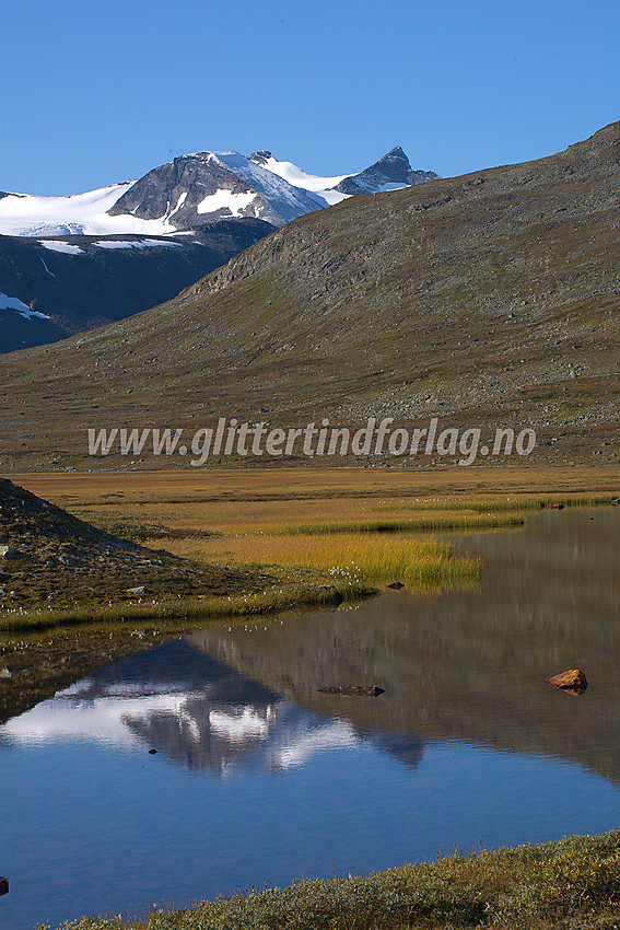 Nedenfor Glitterheim ved noen småvann langs stien med nydelig utsikt oppover dalen mot bl.a. Store Veotinden.