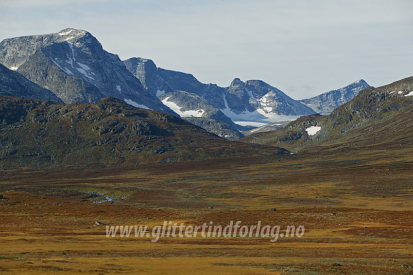 Utsikt fra riksvei 51 innover Leirungsdalen. Fra venstre til høyre ses Munken (2105 moh.), Vestre Kalvehøgde (2208 moh.), Leirungskampen (2079 moh.) og Kvitskardtinden (2193 moh.).