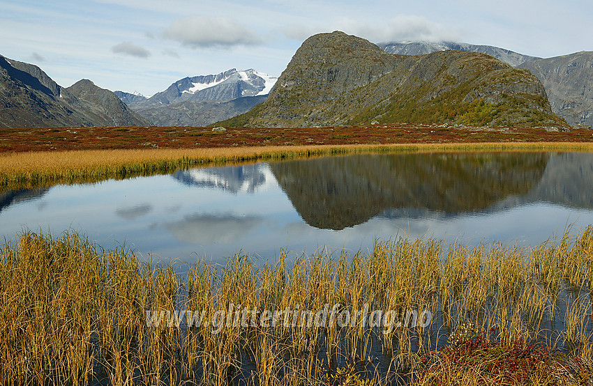 Ved noen småvann ved riksvei 51 med utsikt mot Knutshøe (1517 moh.) og Surtningssue med Surtningssubrean i bakgrunnen.