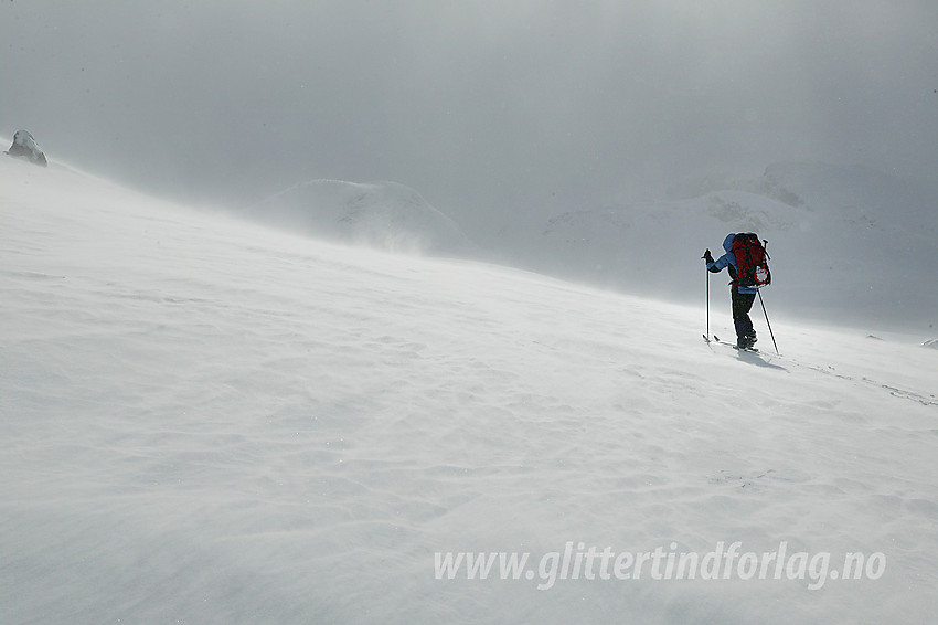 På vei over fra Langedalen mot Veslådalen. Sola gløtter av og til gjennom skylaget og vinden får et ullent lag med snø til å fyke over flyene.