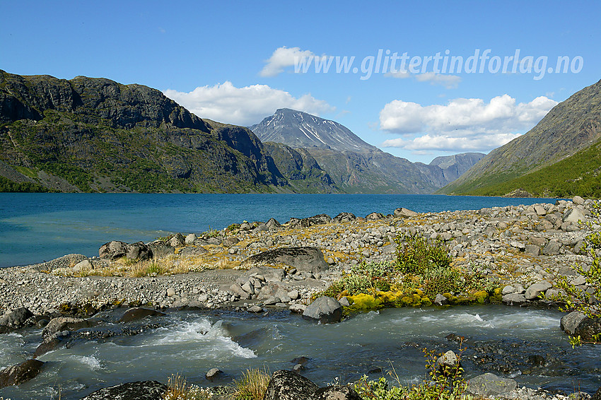 Flott sommerdag på Knutsholstangen (ikke offisielt navn), odden der Knutsholsåe flyter ut i Gjende. I bakgrunnen ruver Besshøe (2258 moh) lett gjenkjennelig.