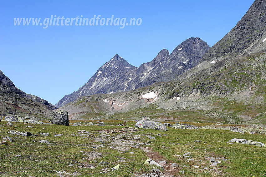 Stien mot Gjendebu gjennom Torfinnsdalen. På østsiden av dalen troner (fra høyre til venstre) Vestre Leirungstinden (2250 moh.), Vesle Knutsholstinden (2205 moh.) og Store Knutsholstinden (2341 moh.).