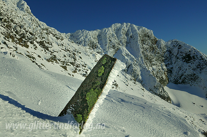 Sørryggen på Austanbotntindmassivet med Søre (2103 moh) og S2 (ca. 2020 moh) på bildet. I forgrunnen en dekorativ stein med kartlav (Rhizocarpon geographicum) på.