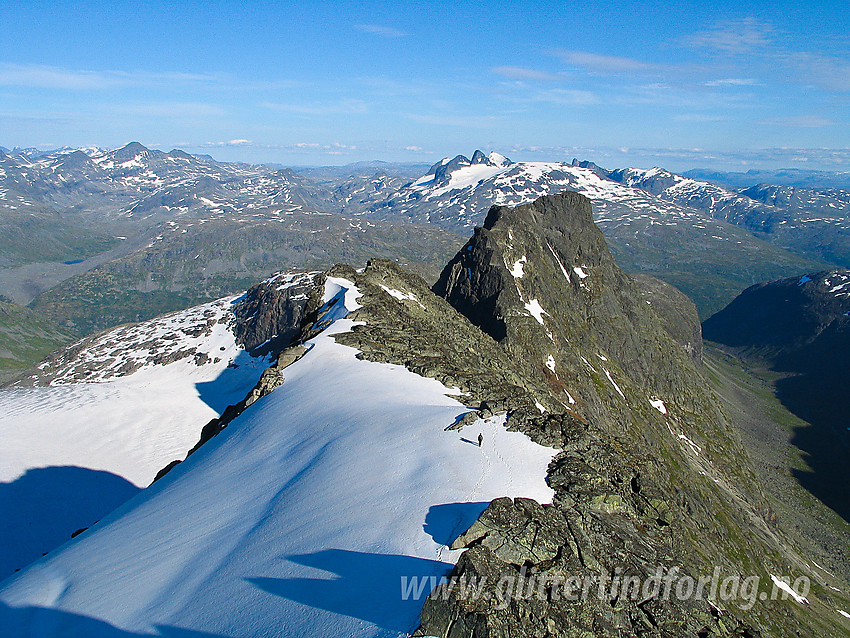 Fra Maradalstinden S3 mot Jernskardtinden, Kjerringi og Mannen. Fra venstre kommer Maradalsbreen helt opp til ryggen.