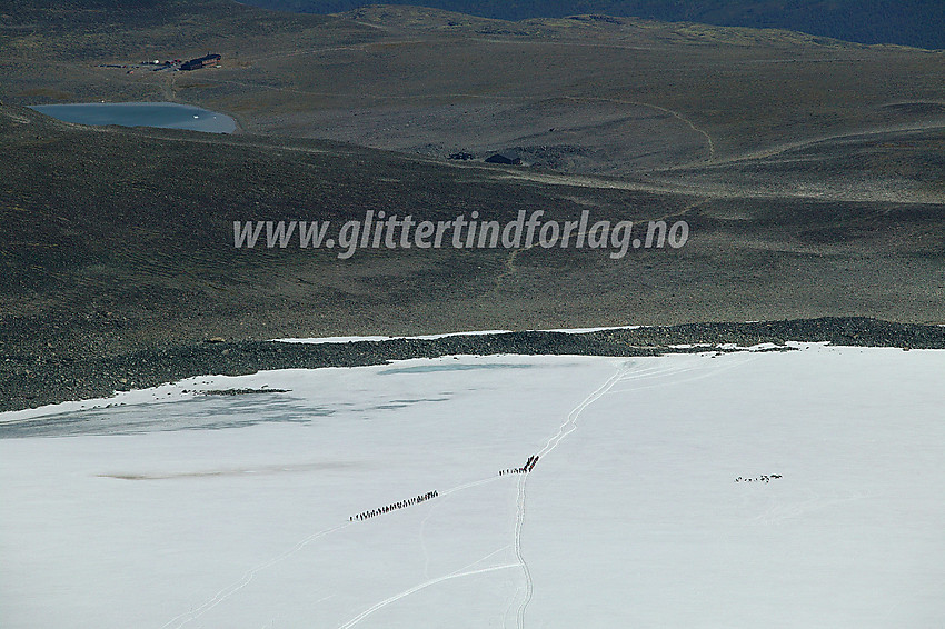 Fra toppen av Galdhøpiggen med telelinsa mot Styggebrean, der flere taulag er på vei over breen. En flokk med reinsdyr har også trukket opp på breen for å unngå varmen. I bakgrunnen ses Juvflye, der stien fra Juvasshytta mot Styggebrean er tydelig synlig, bygningene i forbindelsen med Galdhøpiggen Sommerskisenter, Juvvatnet og Juvasshytta.