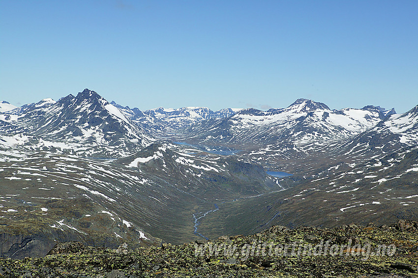 På ryggen nord for Svartdalspiggane med utsikt innover i Jotunheimen mot Storådalen, Skarddalseggje, Langvatnet og Visbreatinden, for å nevne noe.