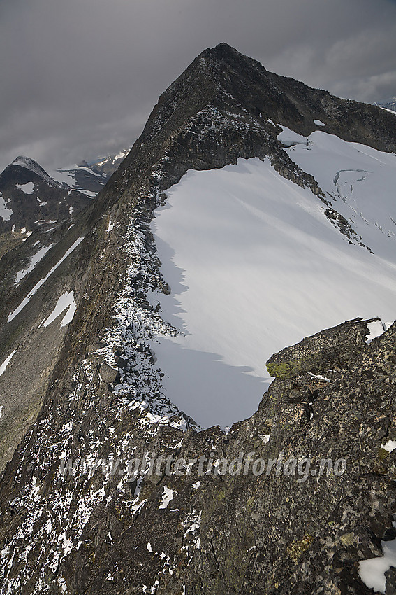 Ovenfor den første hammeren på vesteggen til Skarddalseggje med utsikt mot Skarddalstinden (2100 moh). Bratta i forgrunnen på bildet er på mange måter cruxet på denne ryggen, ca. grad 2, noe utsatt.